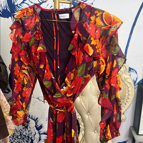 Floral Ruffle Sleeve Dress - Red and Orange - Picture 2 of 3